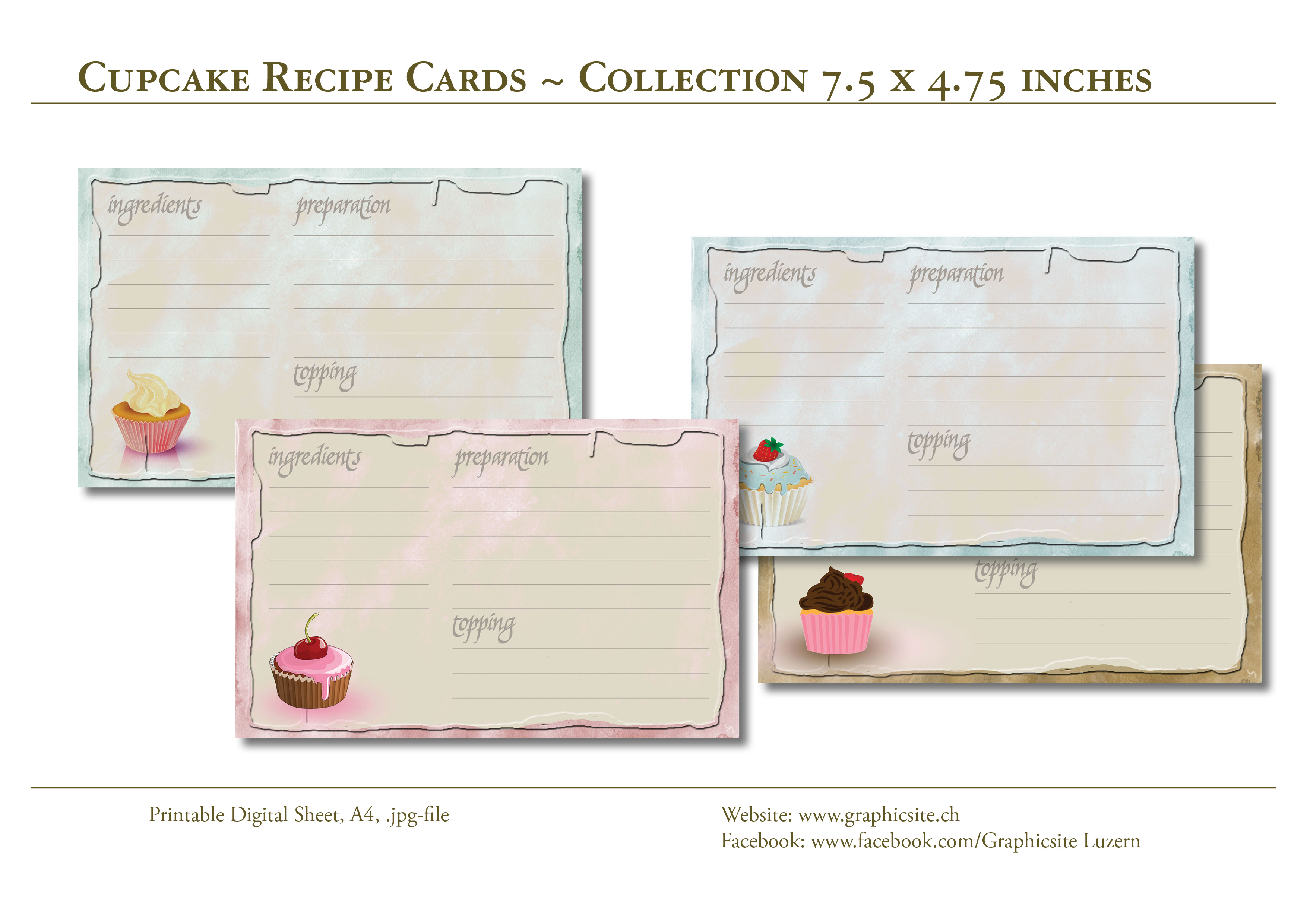 Printable Digital Sheets, Journaling, Cupcake Recipe Cards, Collection